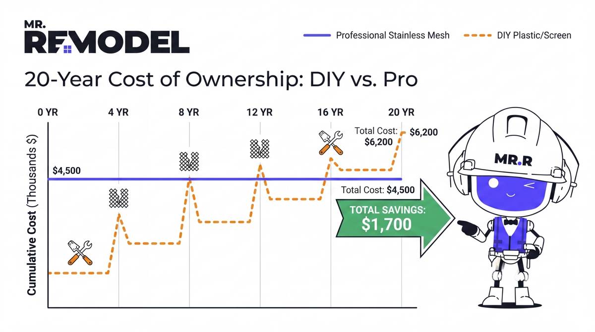 A 20-year cost-of-ownership chart showing that professional gutter guards are more cost-effective than DIY alternatives over the long term.